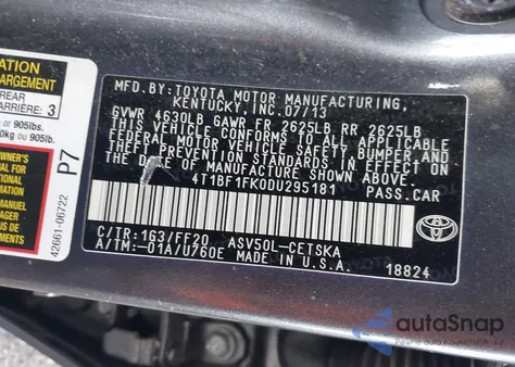 2013 Toyota Camry Se z USA, uszkodzony, nr VIN 4T1BF1FK0DU295181